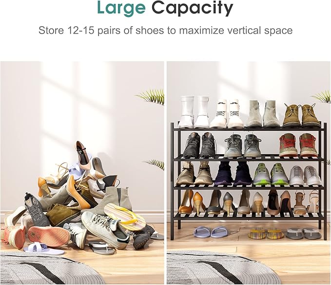 Black 4-Tier Long Shoe Rack, Bamboo Wood, 33-Inch