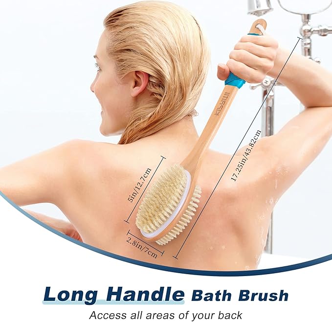 KIPRITII Ergonomically Back Scrubber for Shower - Double-Sided Back Brush Long Handle for Shower, Wet & Dry Brush for Cellulite and Lymphatic (Blue)