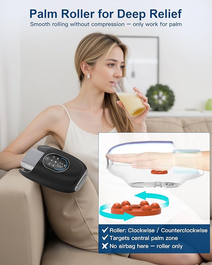 Hand Massager with Heat and Compression – Full-Hand & Wrist Air Massage with Palm Roller – 6 Modes & Intensities – Soothing Comfort for Daily Use