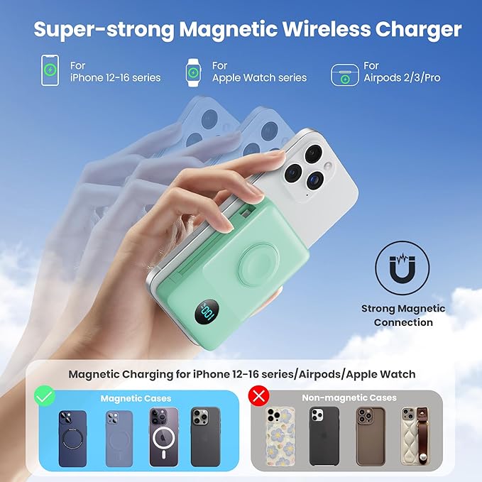 Magnetic Portable Charger 10800mAh for iPhone with Built-in Cables, 6-in-1 Wireless Power Bank with iWatch Charger, 25W PD Fast Charging USB C Battery Pack for iPhone 16/15/14/13/12,Apple Watch(Green)