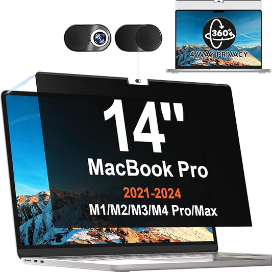 Magnetic 360° Privacy Screen for MacBook Pro 14 Inch (2021-2025, M1, M2, M3, M4, M5 Pro, Max), Removable Anti Glare Blue Light Filter, 4 Way Anti Spy Black Protector for Mac Pro 14In Laptop Computer