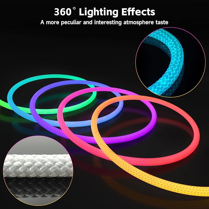 LED Rope Lights, 16.4ft Neon LED Lights Strip with 360 Degree Luminous, 5V USB Flexible IP67 Waterproof Music Sync Remote APP Control Gaming Lights Accessories for Bedroom Outdoor Décor