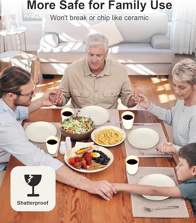 Quatish 32 Piece Plates and Bowls Sets for 8, Unbreakable Dinnerware Sets, Plastic Dish Set for Camping, Dishwasher Microwave Safe, Outdoor Kitchen and Apartment Dinning RV Essentials, Beige