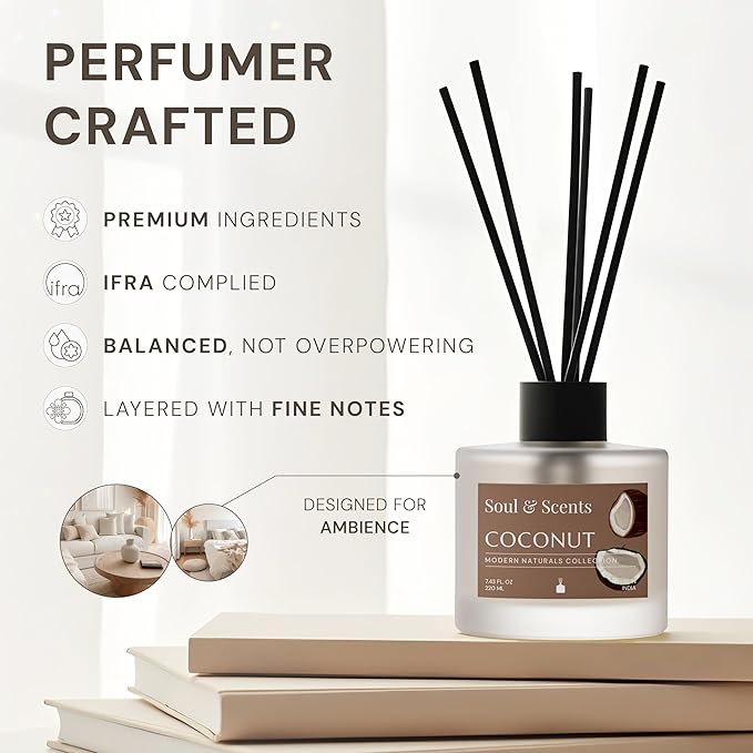 Soul & Scents Reed Diffuser Set – Coconut | 7.43 oz Refillable Scented Oil with 6 Fiber Sticks | Long-Lasting Home Fragrance & Air Freshener for Bedroom, Bathroom, Office | Gift & Décor Piece