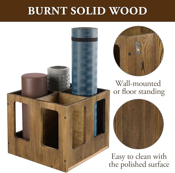 MyGift 4-Slot Vintage Brown Wood Foam Roller Storage Organizer, Wall Mounted or Floor Standing Holder Rack for Yoga Mats and Gym Accessories