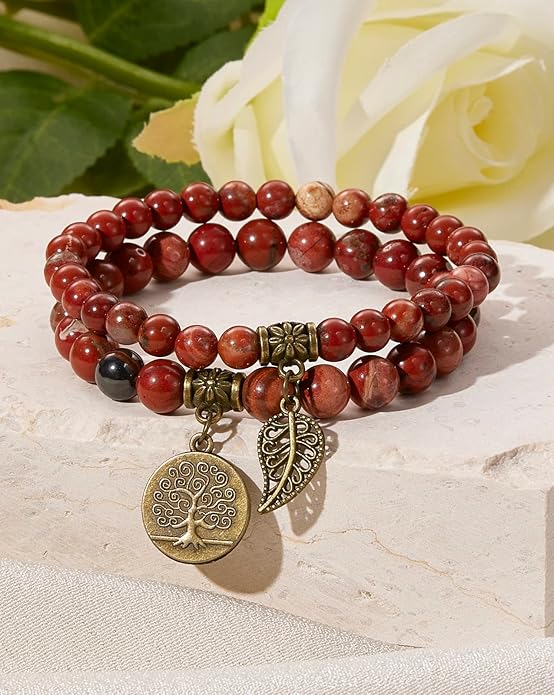 Bivei Natural Semi Precious Gemstone beads bracelet for women - Life Tree and Leaf Charm Energy Reiki Crystal Stretch Bracelets