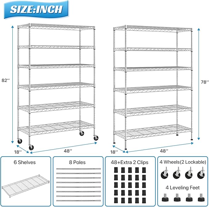 6-Tier Storage Shelves | 2100 LBS Capacity Garage Shelving | 48"×18"×82" Heavy Duty Metal Shelving Unit | Adjustable Wire Shelf on Wheels | Storage Rack for Garage Kitchen Pantry Basement, Chrome