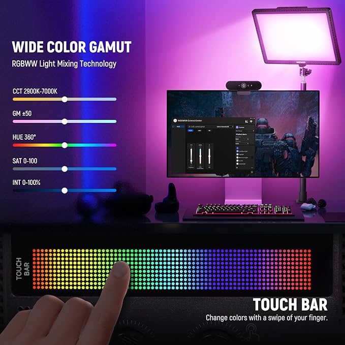 NEEWER GL1C RGB 15.5" Key Light, 48W Edge Lit Soft LED Video Panel Streaming Gaming Lighting with 2.4G PC/Mac iOS/Android APP/WiFi/Stream Deck Control, Touch Bar, 2900K-7000K, Music Sync, 18 Scenes