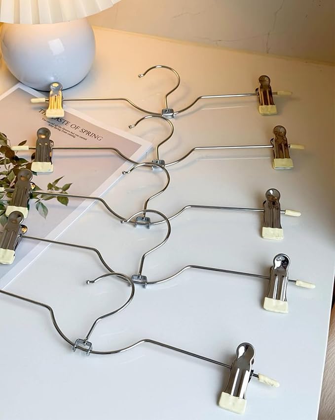 HGYZE Metal Skirt Hangers for Women, Short Neck Pants Hangers with 2-Adjustable Clips, 360° Swivel, Non Slip White Grip for Slacks Trousers Shorts Jeans, Stackable Hooks for Space Saving 20 Pack