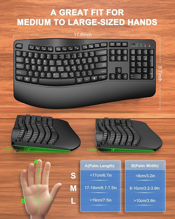 Ergonomic Wireless Keyboard with Wrist Rest, Wave Keys, Comfortable Natural Typing, 2.4GHz Full Size Ergo Wireless Computer Keyboard for Multi-OS, Windows, Mac OS Laptop/PC/Notebook (Black)