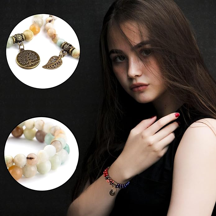 Bivei Natural Semi Precious Gemstone beads bracelet for women - Life Tree and Leaf Charm Energy Reiki Crystal Stretch Bracelets