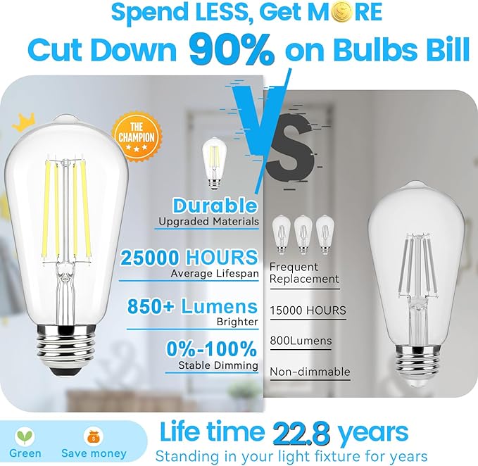 Brightever Edison Light Bulbs 60W Equivalent, Dimmable Light Bulbs, 7W, 850LM Vintage E26 LED Bulb 5000K Daylight White, 90+CRI, ST58 Clear Glass Antique LED Filament Bulb for Porch, 8 Pack