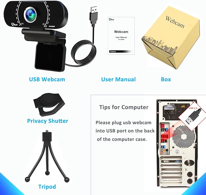 Akyta Web Camera for Laptop, 1080P Webcam with Noise-Canceling Microphone/Privacy Cover & Wide Angle 110°, USB Web Camera for Desktop Computer PC Mac Video Calling/Streaming/Zoom Conference
