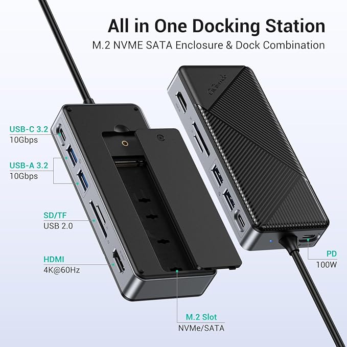 GiGimundo GM28P M.2 NVMe SSD Docking Station - 10Gbps Multi Ports Portable USB-C Hub, PD100W, HDMI 4K 60Hz, SD Card Reader, M.2 Dock for Laptop Mac, Black