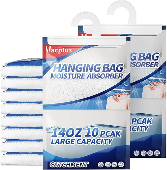 Vacplus Moisture Absorber, 10 Pack Portable Dehumidifiers for Closet and Enclosed Space, 14 OZ Dehumidifier Bags Effectively Trap Extra Moisture, Hanging Moisture Absorbers Eliminate Unpleasant Smell