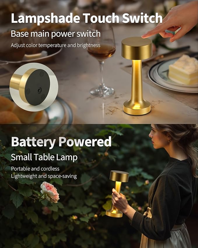 PUSU Cordless LED Gold Small Table Lamps Set of 2, Portable Rechargeable 4000mAh Battery Operated Desk Lamp, 3 Color Stepless Dimming for Kids, Restaurant, Bedside, Outdoor, Bar, Night Light, Gift