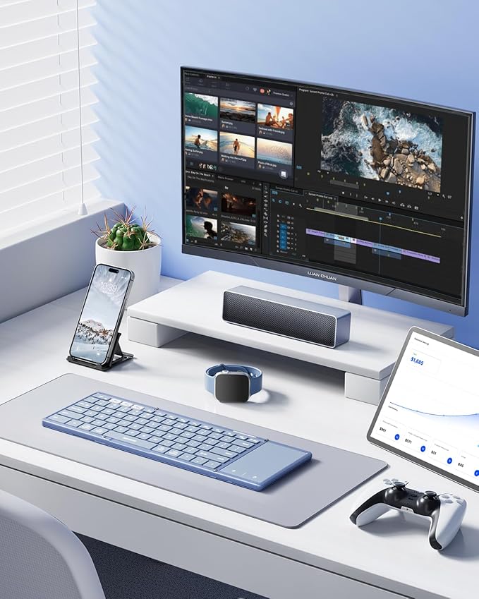 Samsers Foldable Bluetooth Keyboard with Touchpad, Full-Size Wireless Folding Keyboard with PU Leather, Portable Travel Keyboards for iOS Android Windows Mac OS, Support 3 Devices (BT5.1 x 3), Blue