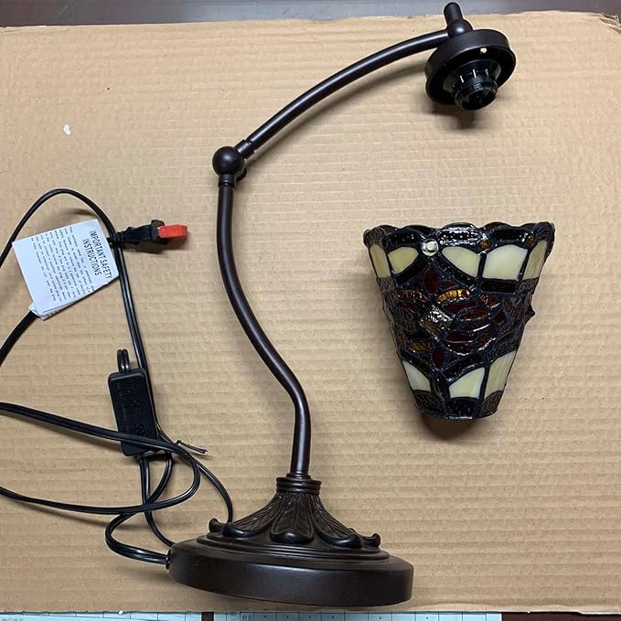 Bieye L10870 Tiffany Style Stained Glass Table Lamp Night Light with Swing Arm Base for Working Reading Home Decoration (Baroque Red)