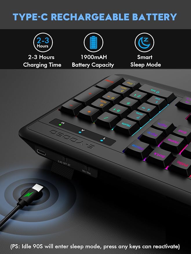E-YOOSO RGB Wireless Keyboard, 3-Mode (2.4G/BT/USB), 9 Effects Backlits, Light Up Letters, Rechargeable Ergonomic Computer Silent Keyboard with Wrist Rest for Windows, Mac, PC, Laptop, Games