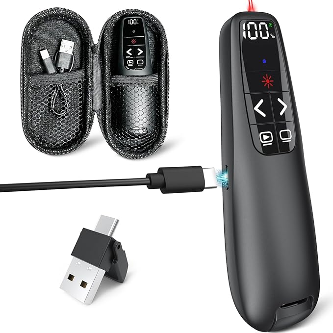 Rechargeable Presentation Clicker with Case, Power Digital Display Wireless Presenter Remote, USB C Red Light Pointer Computer PowerPoint PPT Clickers for Mac Laptop, Slideshow Google Slide Advancer