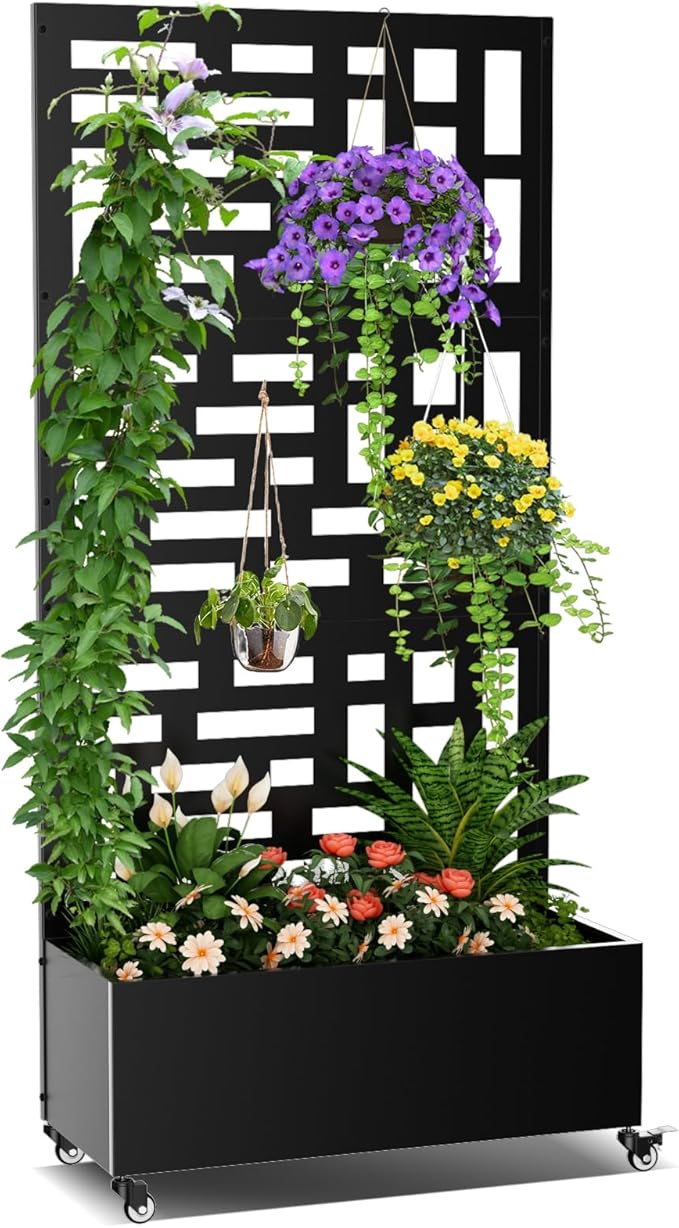 Metal Planter Box with Trellis, 71"x 35"x 16" Raised Garden Bed with Trellis & Wheels, Privacy Planters for Patio, Planter Box with Drainage Holes for Climbing Plants, Flower, Vegetable