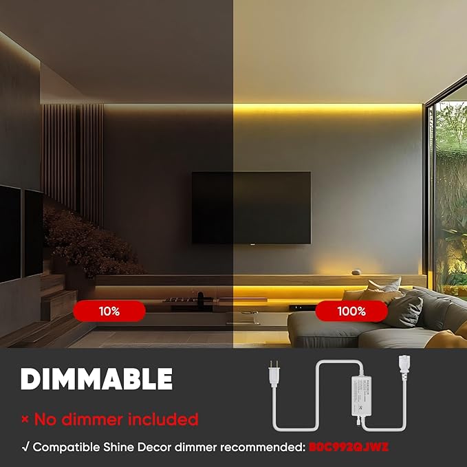 Shine Decor LED Strip Light 50FT 120VAC, Super Bright 6337 Lumens Dimmable, IP65 Waterproof for Outdoor Indoor, 3000K Warm White Every 1.6ft Cuttable Proselect Lighting Strip, 6x10mm ETL Listed