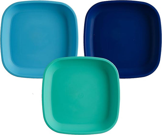 Re-Play Toddler Plates - 22 Oz. Deep-Walled Flat Kids Plates - Dishwasher & Microwave Safe - Made in USA - Set of 3-7.37" x 7.37" x 1.25" - True Blue