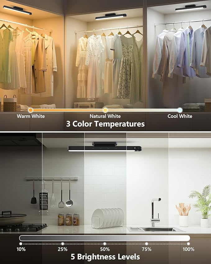 Ferswe 3W Motion Sensor Rechargeable Light Bar with Remote, Eye-Friendly Closet Lights with Battery Display, 2000mAh Makeup Lighting, Magnetic Light Bar for Cabinet, Closet, Bathroom and Desk