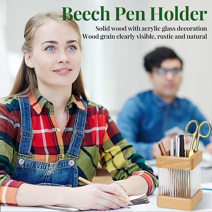 MultiBey Beech Wooden Pencil Holder, Clear Acrylic Wood Pen Holder, Modern Pen Cup Organizer Stand Wood Desk Accessory Organizer for School Office Home Supplies