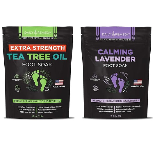 DAILY REMEDY EXTRA STRENGTH Tea Tree Oil & Calming Lavender Foot Soak Set - Made in USA - Soothes Sore Tired Feet, Athletes Foot, Stubborn Foot Odor, and Softens Calluses - Pack of 2