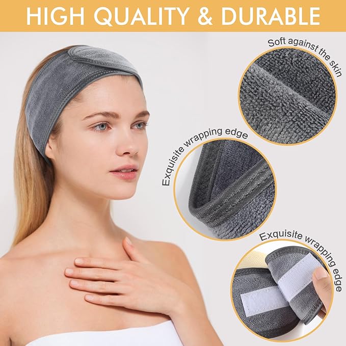 SINLAND Spa Headband for Women Ultra Soft Adjustable Makeup Hair Band with Magic Tape, Stretch Head Wrap for Bath, Shower, Facial Mask, Yoga
