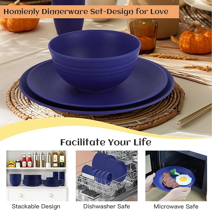 Homienly 40 Pcs Wheat Straw Dinnerware Sets, Dinner Plates, Cups, Pasta Bowls, Dishes Set For 8, Microwave Safe Plates and Bowls Sets, Blue