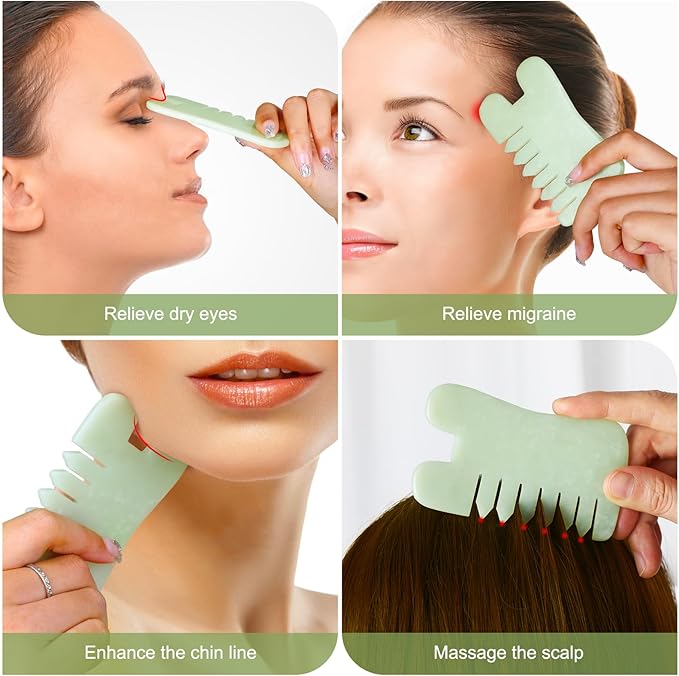 Jade Stone Gua Sha Massage Tool Set Larger Guasha Board with Handle, Muscle Scraping Massage Tools, Guasha Scraping Scalp Comb, Acupuncture Tools for Back Neck, Head, Relaxation Lymphatic Drainage
