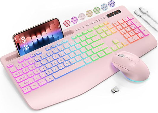Wireless Keyboard and Mouse Combo, 9 Backlit Effects, Wrist Rest, Phone Holder, 2.4G Lag-Free Ergonomic Keyboards, Rechargeable Silent Cordless Set for Computer, Laptop, Mac, Windows -SABLUTE（Pink）