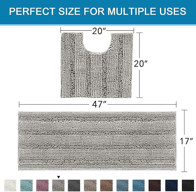 H.VERSAILTEX Bathroom Rugs Bath Rug Set 2 Piece Bathroom Contour Rug Toilet Mat Sets Non Slip Contour Bath Rug Ultra Thick Water Absorbent Striped Bath Mats Washable(47" x 17" Plus 20" x 20" U, Dove)