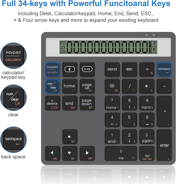 Bluetooth Number Pad - 2.4G Wireless Numeric Keypad with Display Calculator - Wireless Number Pad Slim 34-Key Portable Financial Accounting Numpad Data Entry & Calculation 2in1 for Laptop Desktop PC
