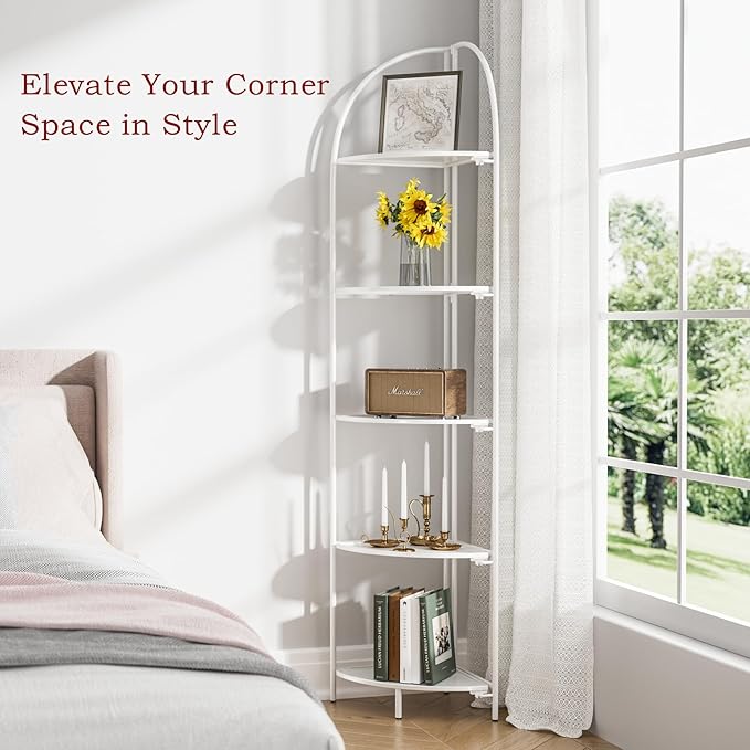Crofy Foldable 5 Tier Corner Shelf, Metal Corner Plant Stand with White Frame and White Shelves, Corner Display Rack Multipurpose Shelving Unit for Living Room, Bedroom, Bathroom