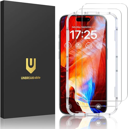 UNBREAKcable 2-Pack Screen Protector for iPhone 15 Plus, Double Shatterproof Tempered Glass [Easy Installation Frame] [9H Hardness] [99.99% HD Clear] [Case Friendly] for Apple iPhone 15 Plus 6.7 inch