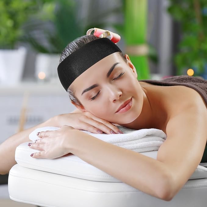 Waydress 140 Pieces Disposable Spa Facial Headbands with Convenient Closure, Stretch Facial Headwraps Soft Skin Care Hair Band for Women Salons(Black)