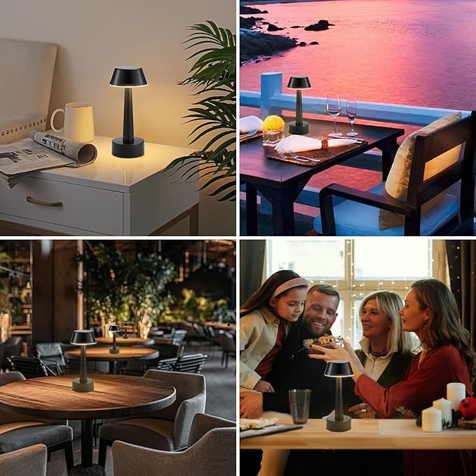 2 Pack Small Cordless Table Lamp, Battery Operated Black Lamp for Restaurant Dinner Table, Rechargeable 3-Way Dimmable Touch Light Portable Metal Night Light for Bedside Dining Room Patio Bar Outdoor