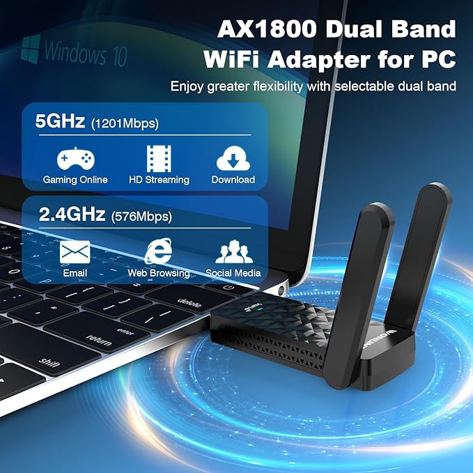 AX1800 USB WiFi 6 Adapter NA1602,Dual Band WiFi Adapter for Desktop pc with 2 Antennas, WPA3，MU-MIMO，2.4GHz/5GHz USB 3.0 WiFi Dongle Compatible with Windows 10/11