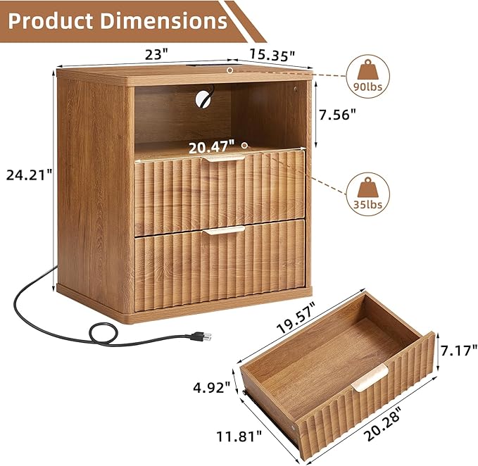 LEYAOYAO Fluted Nightstand with Charging Station, 23" Wide 2 Drawers End Table, Brown Night Stand with Open Storage Cabinet, Farmhouse Bed Side Tables, Wood Dresser for Bedroom, Living Room, Closet