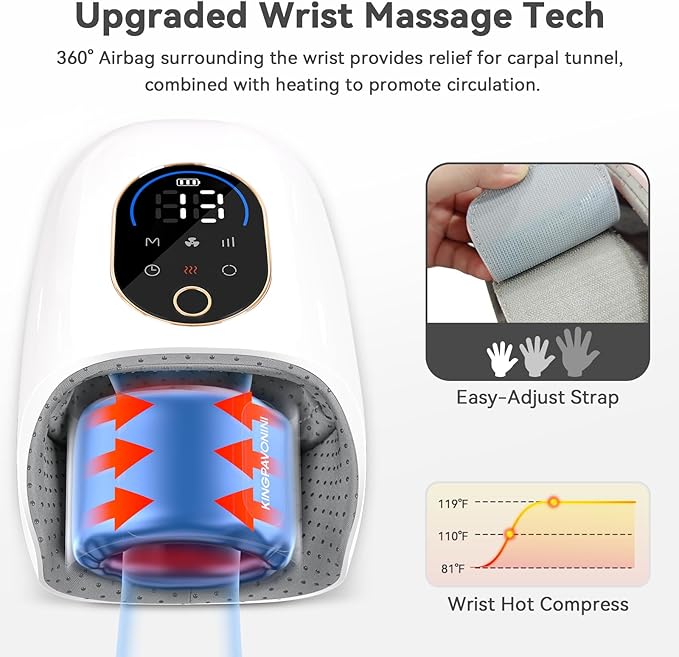 KingPavonini Hand Massager with Heat and Compression, Wrist Heating & Air-Compression, Palm Rolling, Cooling Fan, Cordless Wrist and Hand Massager for Arthritis and Carpal Tunnel, Gift for Women Men