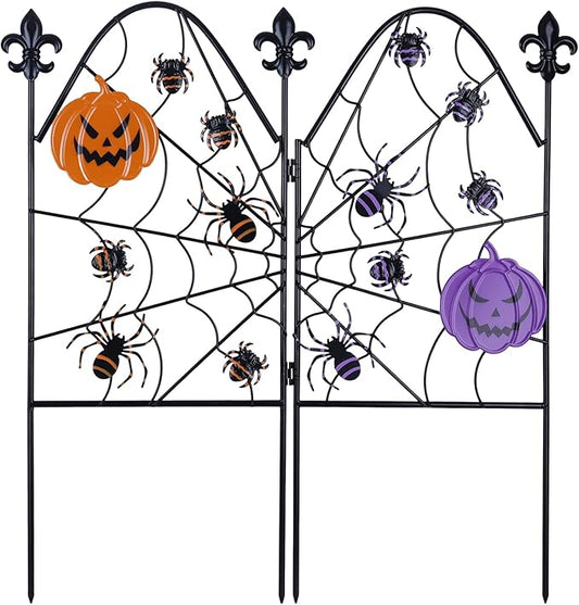 hogardeck Halloween Decorations Outdoor, Spider Web Styled Metal Fence Decorative Garden Stakes with Ghost Face Pumpkins for Halloween Decor, Spider Yard Signs for Outside Garden Lawn Porch Party