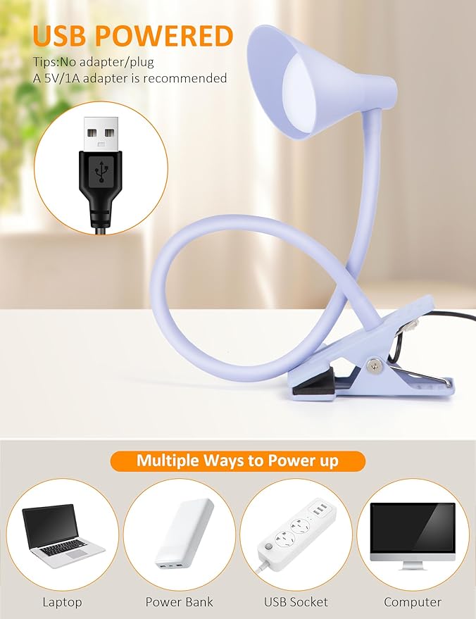 Desk Lamp Clip on Lamp for Bed Headboard LED Reading Light for Bed, 3 Colors 10 Dimmable Brightness, Book Light for Reading in Bed Flexible Neck Clip on Light Clamp Lamp for Bed Desk(Purple)