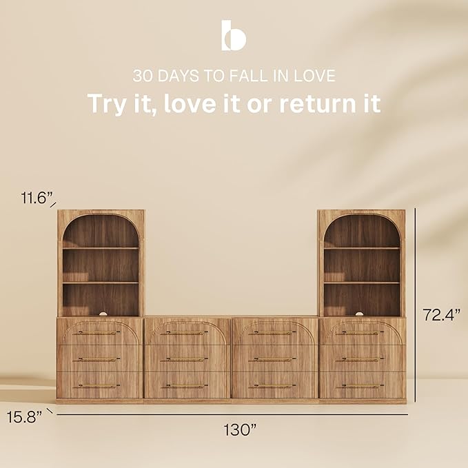 BELLEZE 6-Piece Modular TV Stand Set - 4 Sideboards with Drawers and 2 Storage Hutch, Classic Modern Media Console Table Cabinet with Adjustable Shelves for Living Room (Camel)