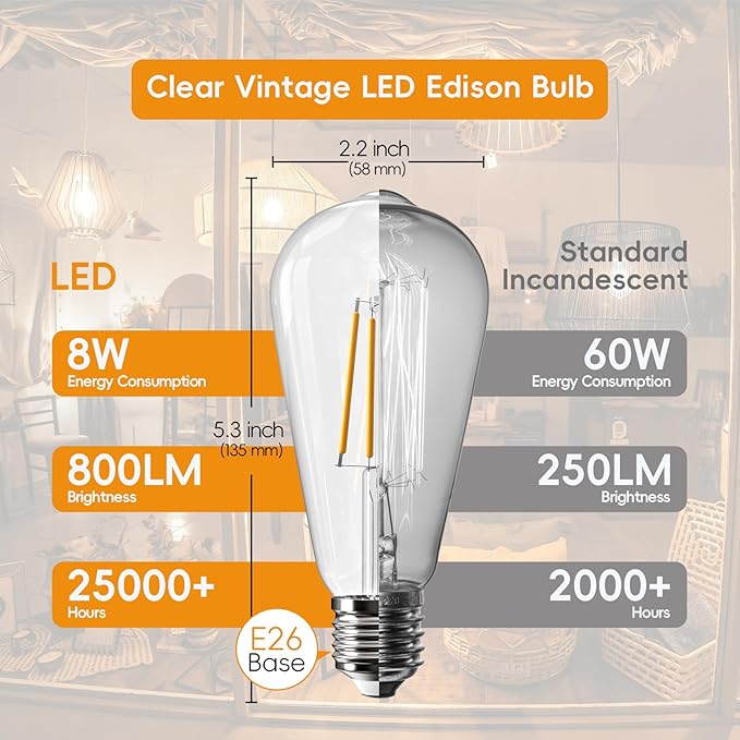Jensense Edison LED Light Bulbs 8Watt Dimmable Light Bulbs 5000K Daylight White, E26 LED Bulb 60watt Equivalent,Vintage Bulbs 800lm CRI 90 Clear Glass 1 Packs