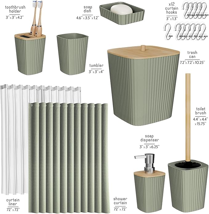 Clara Clark Bathroom Accessories Set - Sage Green Bathroom Set, 20PC Bathroom Accessory Set, Shower Curtain Set, Toilet Brush, Trash Can & Soap Dispenser