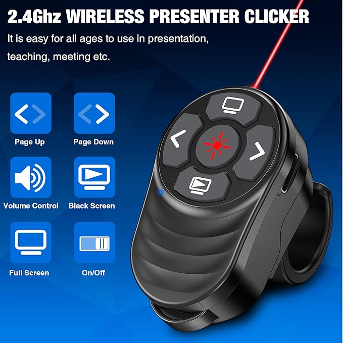 Wireless Presentation Clicker Rechargeable, Finger Ring Powerpoint Clicker with Red Laser Pointer, Presenter Remote PPT Clicker for Powerpoint Presentations for Mac Computer Laptop