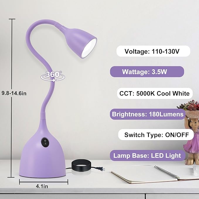 Gooseneck Desk Lamp 360° LED Flexible Reading Light Small Desk Lamps for Small Spaces Home Office Bedroom College Dorm Desk Bookshelf Nightstand Table Lamp (Purple)